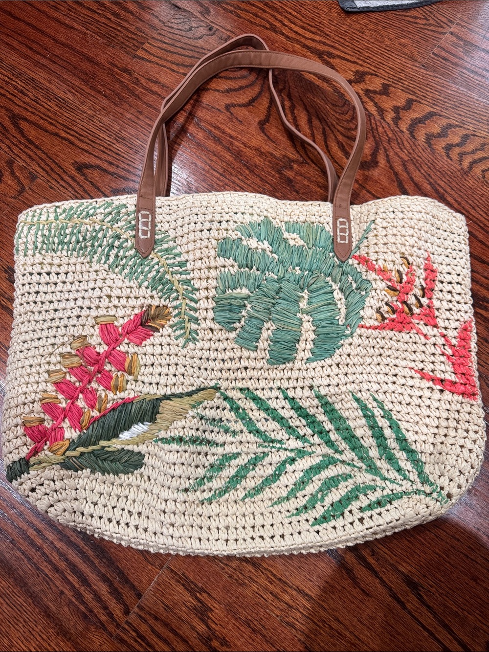Woven Tropical Leaf Tote Bag in Natural with Green & Pink Embroidery